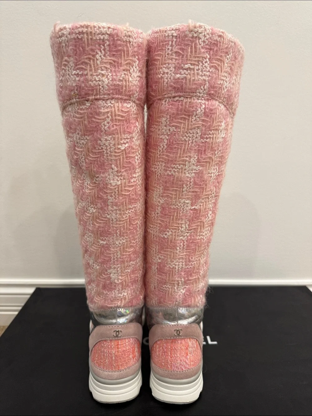 CHANEL Runway 2014 Paris Supermarket Pink Tweed Knee High Boots 37 Rare